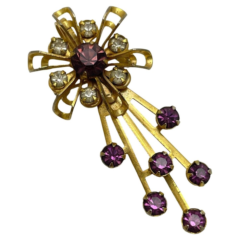 Vintage gold tone amethyst rhinestones flower brooch pendant